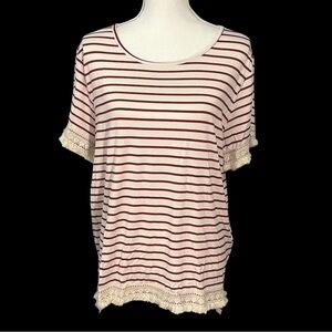Umgee Boutique Boho Blouse Large Red Cream Stripe Lace Pom Pom Hi-Low NWT